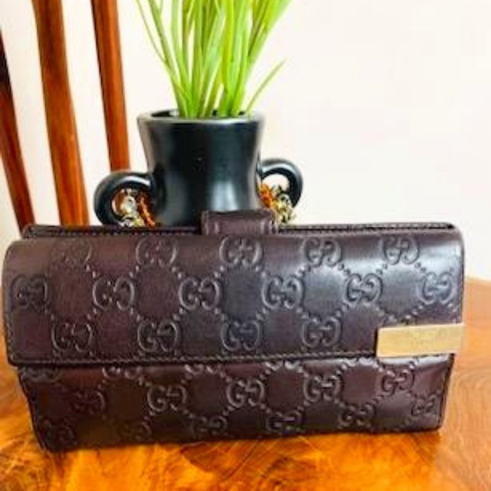 GUCCI Dark Brown, Leather "GG" Logo Long Wallet